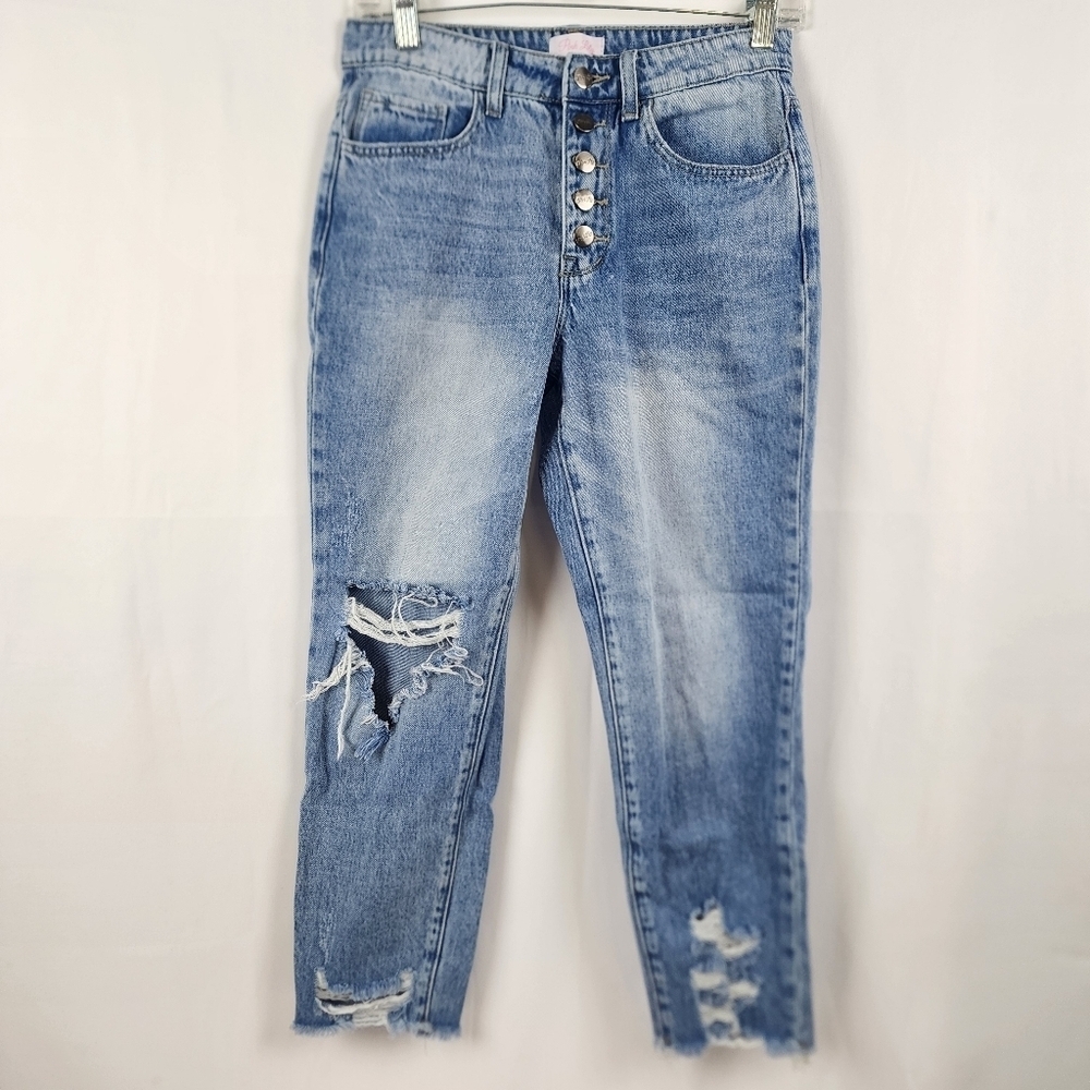 Pink Lily Stylish Button Fly Blue Distressed Women's Denim Capri Size 5